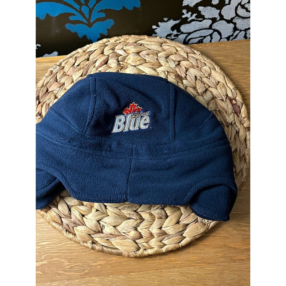 Vintage Labatt Blue Beer Fleece Winter Hat Ear Flaps Trapper Canadian Maple Leaf